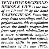 TALKING HEADS – TENTATIVE DECISIONS: DEMOS & LIVE (LP + 7 INCH) - LP •