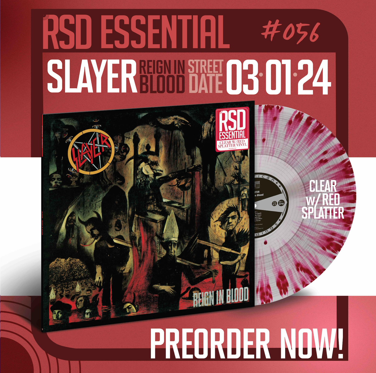SLAYER – REIGN IN BLOOD (CLEAR WITH RED SPLATTER) (RSD ESSENTIALS