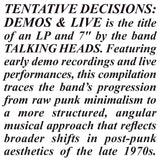 TALKING HEADS – TENTATIVE DECISIONS: DEMOS & LIVE (CLEAR VINYL LP + 7 INCH) (RSD BLACK FRIDAY 2025) - LP •